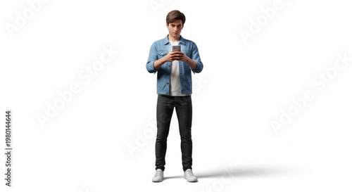 A young man stands alone, looking at his smartphone with a casual and relaxed demeanor.