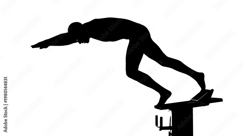 Obraz premium Swimmer silhouette on starting block poised for dive, isolated on transparent background