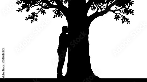 Fotografija Silhouette of a man leaning against a large tree trunk with branches and leaves,