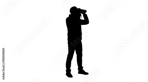 Silhouette of a person using binoculars, isolated on transparent background