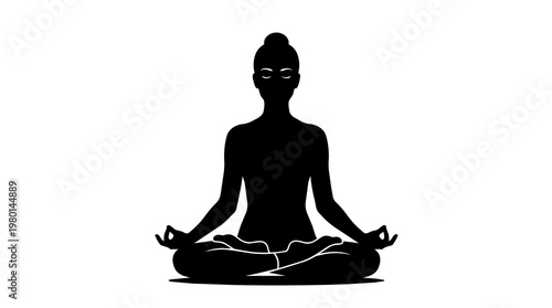 фотографія Black silhouette of a woman meditating in lotus pose, isolated on transparent ba