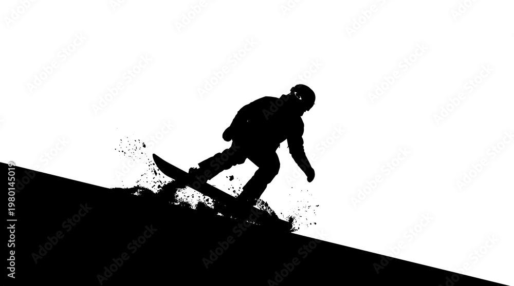 Naklejka premium Black silhouette of a snowboarder carving down a snowy slope, isolated on transparent background