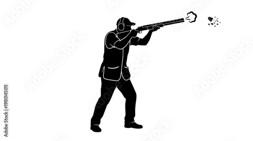Quadro em tela Silhouette of a man shooting a shotgun with clay targets breaking apart, isolate