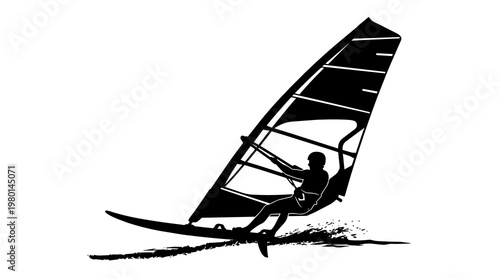 Foto Black silhouette of a windsurfer on a board with a sail, isolated on transparent