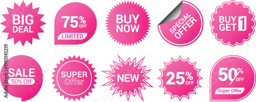Pink promotional sale stickers set. Special offer price tags. Promotional discount sale tags, starburst sunburst badges, quality marks. Marketing badges, discount labels, sale icons vector