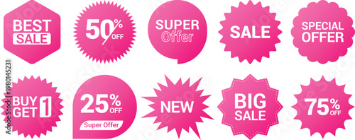 Cute pink promotional sale stickers. Special offer price tags. Sale promotional tags, discount stickers, starburst badges, retro quality marks. Sale badges, discount icons vector
