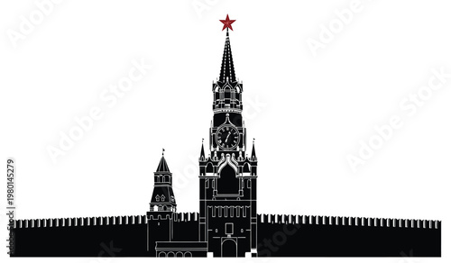 A stark black and white depiction of the spired moscow kremlin including clock faces and surrounding walls in silhouette high quality professional detailed modern
