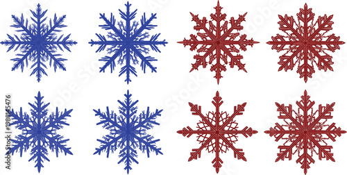 Set of Detailed Snowflake Illustrations in Blue and Red for Winter, Christmas, and Seasonal Design Themes