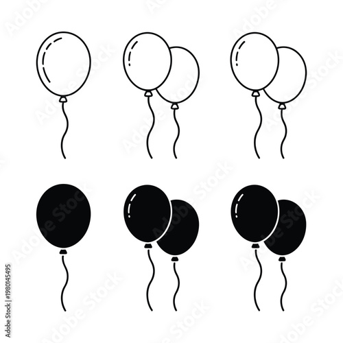Balloon outline icon vector set, black and white birthday party symbol pictograms in flat simple style for celebration, event design, and UI graphics