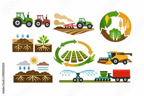 Agricultural Icons Set with Tractors, Tilling, Crop Rotation, Soil Management, and Farm Equipment. Simple Flat Vector Illustration for Farming, Harvesting, Irrigation, and Sustainable Growth.