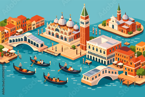 Charming Isometric Venice Landmarks Illustration Featuring Gondolas on the Grand Canal, Rialto Bridge, St Mark's Basilica, Campanile, and Colorful Venetian Architecture in a Flat Vector Style.