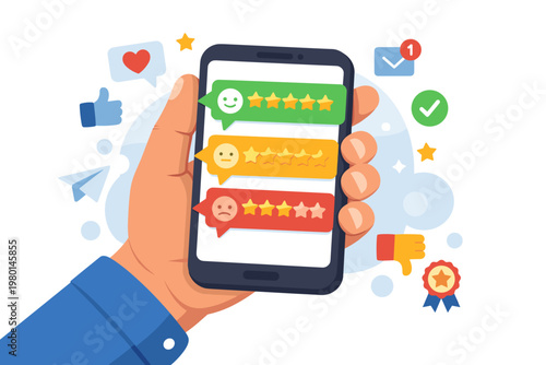 Cartoon vector illustration of a hand holding a smartphone displaying customer review messages with star ratings and emoticons, surrounded by social media icons like likes and hearts.