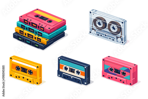Isometric flat vector icons set of colorful cassette tapes and a stack of tapes. Retro analog audio recording technology from the 80s and 90s. Vintage music mixtape collection on white background.