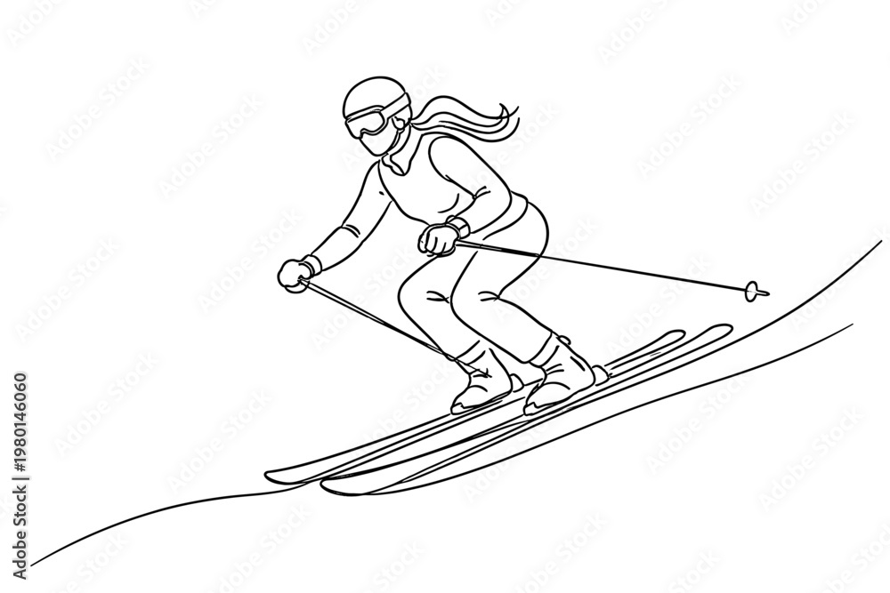 Obraz premium Continuous Line Drawing of a Female Skier Downhill Skiing on a Snowy Mountain Slope, Minimalist Vector Illustration of a Woman in Winter Sports Gear with Helmet and Goggles, Simple Line Art Style