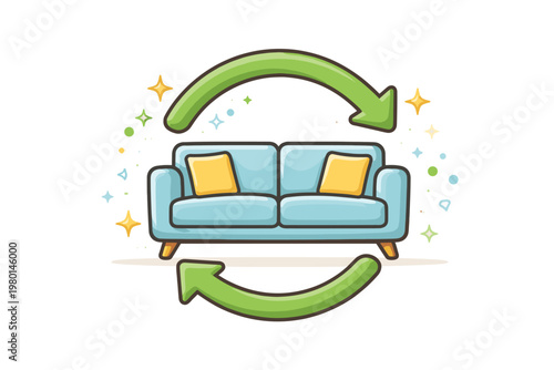 Modern Blue Sofa with Green Circular Renewal Arrows Vector Illustration, Symbolizing Home Interior Refresh, Furniture Renovation, Sustainable Living, Eco-Friendly Decor Updates, and Room Remodel.