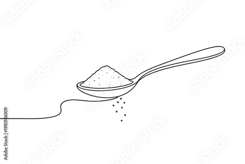 Minimalist Continuous One Line Drawing of a Spoon Full of Sugar, Salt, or Flour with Falling Grains. Simple Black and White Vector Illustration of a Teaspoon Utensil for Cooking and Baking Art.