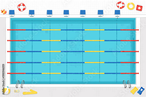 Top View Olympic Swimming Pool with Lanes, Starting Blocks, and Safety Equipment. Flat Vector Illustration of Professional Competition Pool with Lifebuoys, First Aid Kit, and Swimming Accessories.