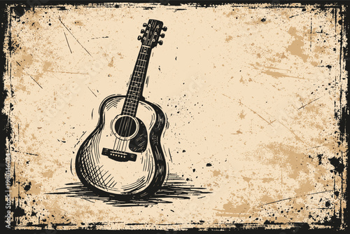 Vintage Hand-Drawn Acoustic Guitar Illustration on Distressed Grunge Background, Rustic Musical Instrument Sketch for Poster Design, Retro Country Music Art, Old Paper Texture Vector Graphic Art