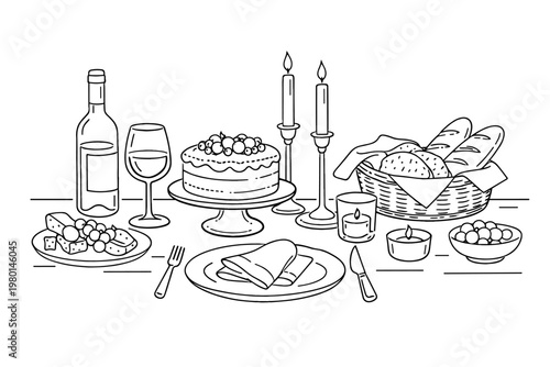 Vector illustration of a festive tablescape with wine bottle, glasses, lit candles, a berry cake, bread basket, and cheese plate. Elegant line art of a dinner table setting for a celebration.