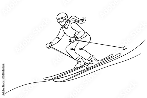 Continuous Line Drawing of a Female Skier Downhill Skiing on a Snowy Mountain Slope, Minimalist Vector Illustration of a Woman in Winter Sports Gear with Helmet and Goggles, Simple Line Art Style