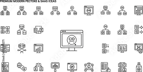 Premium modern CI CD pipeline and DevOps integration line icon set featuring deployment automation workflow monitoring and software delivery