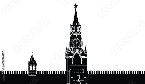 A striking black and white depiction showcases the iconic spires of moscow s kremlin presenting a dramatic silhouette high quality professional detailed modern elegant