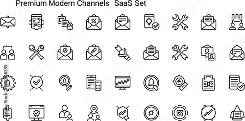 Premium modern communication channels and messaging line icon set featuring notifications email support tools and digital communication