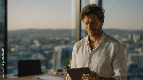 Startup founder reviews same-day delivery app metrics on tablet at standing desk, city skyline visible through floor-to-ceiling windows, courier GPS blips pulse across live map, perfect for delivery