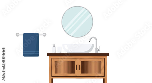 A modern bathroom vanity illustration features a circular mirror sink towel and wooden cabinet