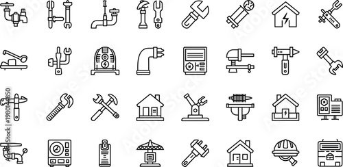 Plumbing and repair tools line icon set featuring pipes wrench maintenance minimal outline vector collection