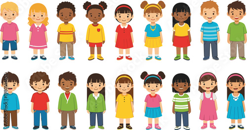 Diverse kids cartoon character vector set with boys and girls, multicultural children illustration collection in flat design style