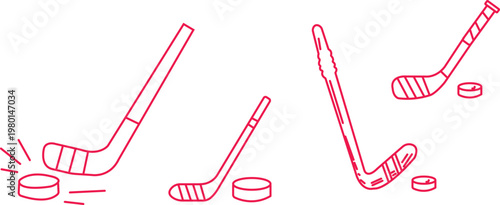 Hockey Stick and Puck Icons Set – Ice and Field Hockey Outline Vector Collection