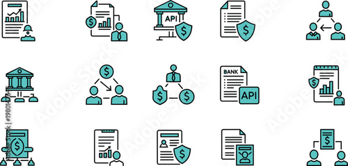 Open banking and fintech API integration line icon set featuring financial data sharing payments and secure banking services