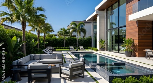 Luxury modern villa with swimming pool, spa, and outdoor lounge area with palm trees