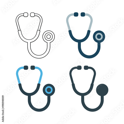 Stethoscope icon set with outline, solid and color versions for nurse toolkit, clinic posters, health app, telemedicine branding graphics