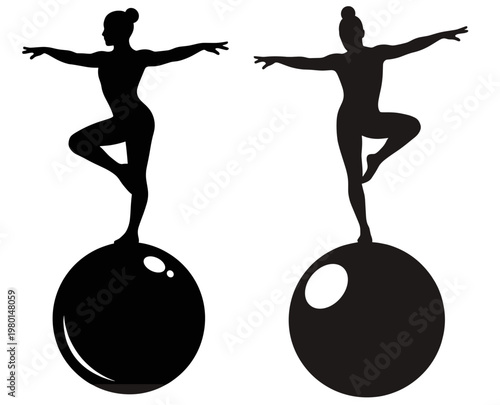 Person balancing on sphere set of 2 young woman stability icons in black and white