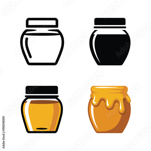 Honey jar collection, outline and color styles, cooking recipe class poster, dessert workshop branding, breakfast menu design, farmers market vector
