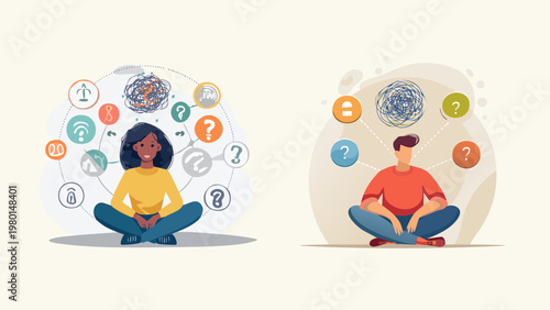 Diverse individuals contemplating complex problems and seeking solutions represented through thoughtful illustration