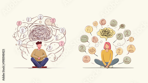 Illustration depicting a person contemplating their thoughts and emotions in a serene, seated posture, symbolizing mental clarity and self-reflection