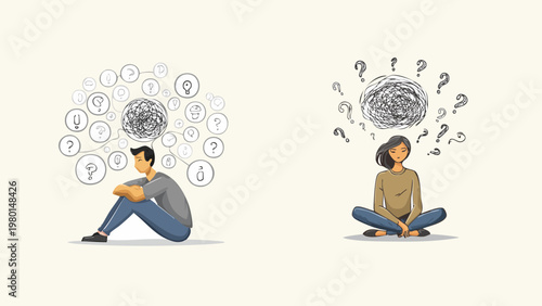 Illustrating the complexity of human thought processes and emotional well-being with abstract mind maps and question marks