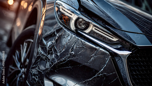 Close-up of a damaged front fender and shattered headlight of a dark grey modern car, concept for car insurance claims, repair services and road safety