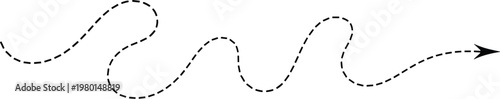 Dashed black arrow following a winding path dotted