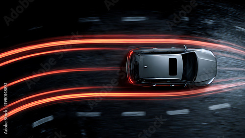 Modern grey SUV car moving fast on road with motion blur red light trails, top view, suitable for automotive advertising, transportation and travel