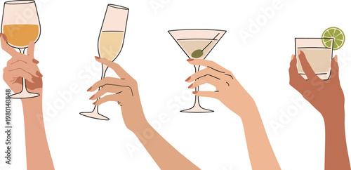 Diverse hands holding cocktail glasses in celebration