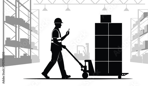 A worker utilizing a mobile device while operating a pallet jack within a warehouse setting depicted as a silhouette high quality professional detailed modern