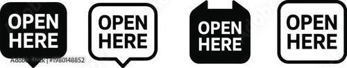 Four Open Here Labels In Various Shapes sticker sign