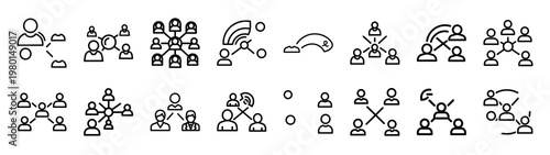 interaction network minimalist black outline vector illustration icon set collection.
