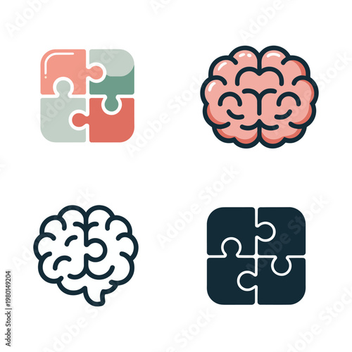 Puzzle brain silhouette set for neurodiversity education, counseling brochure, mindfulness class, rehabilitation program materials, neuroscience research poster design resources