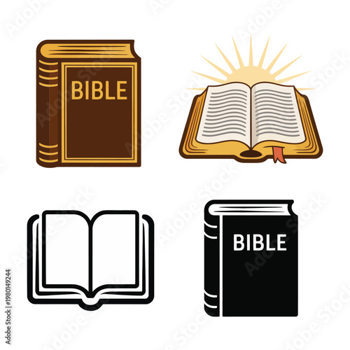 Open scripture book with radiant light, holy bible icons for church service slides, bible study groups, Sunday school promotion materials