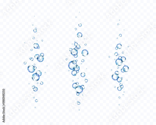 Bubbles underwater texture set isolated on transparent background. Vector blue air, gas or oxygen under water. Realistic fizzy drink, soda effect